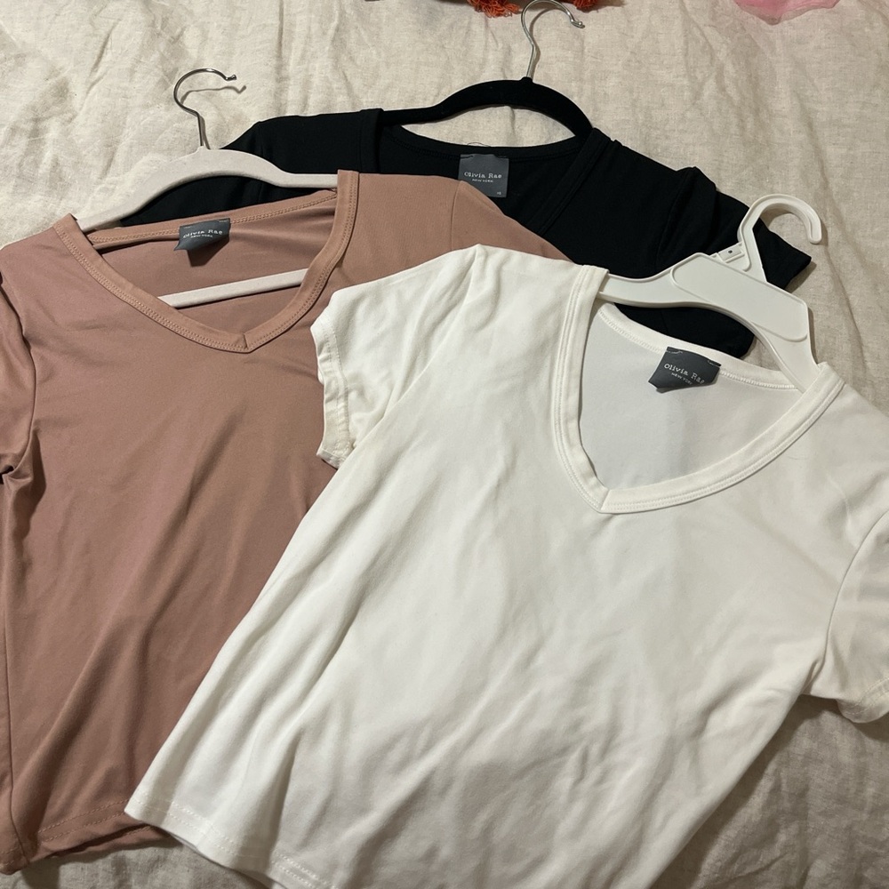 Olivia Rae V-Neck Tops - Black, White, and Tan
